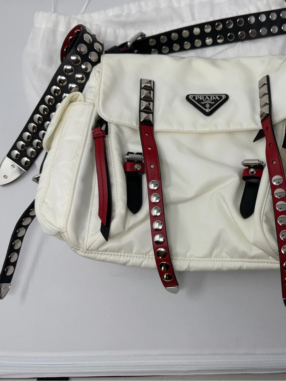 Prada White Nylon Shoulder Bag with Red Trim & Silver Studs